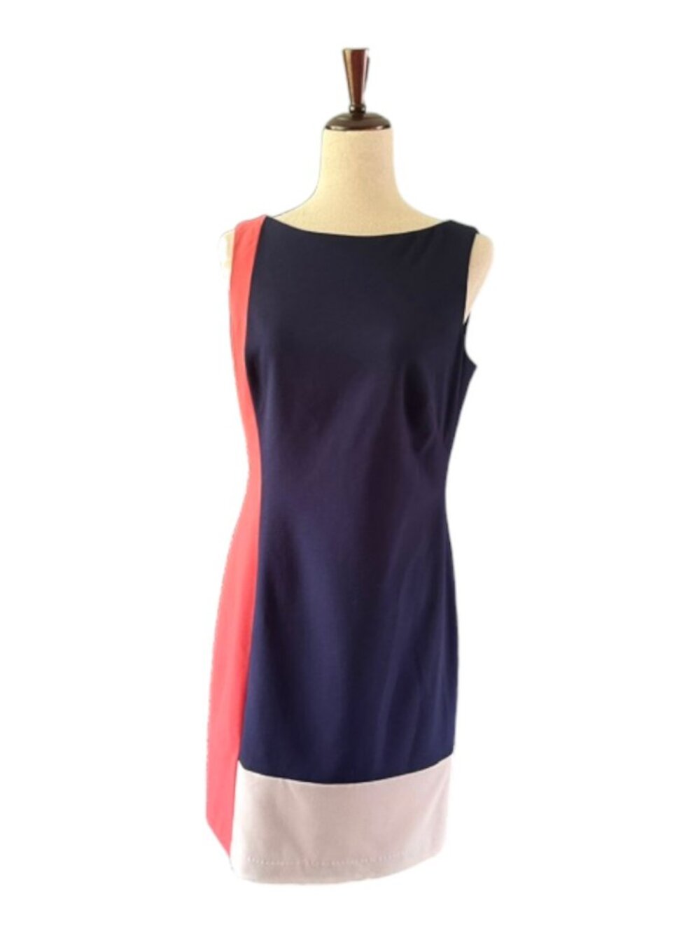 LAUREN Ralph Lauren Color Block Navy Cream Coral Sleeveless Shift Dress SZ 8 EUC - Picture 2 of 16